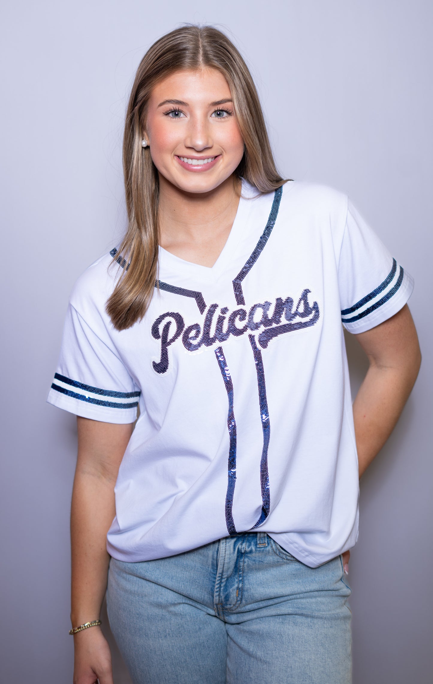 Pelicans | Women's Baseball Jersey V-Neck Tee (White)