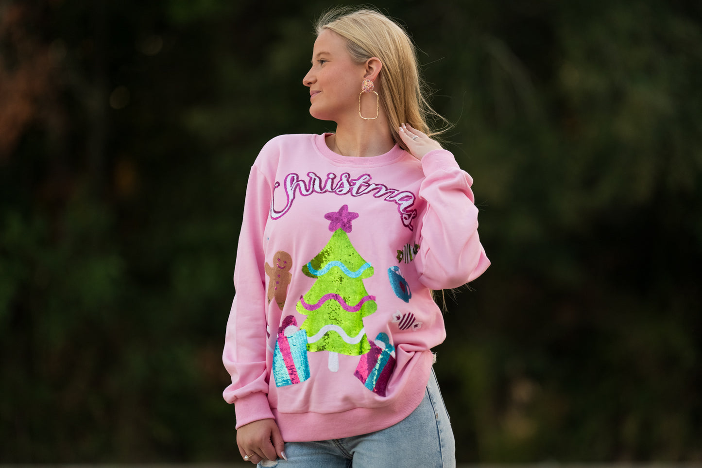 Pink Christmas | Women's Sequin Design Sweatshirt (Pink)
