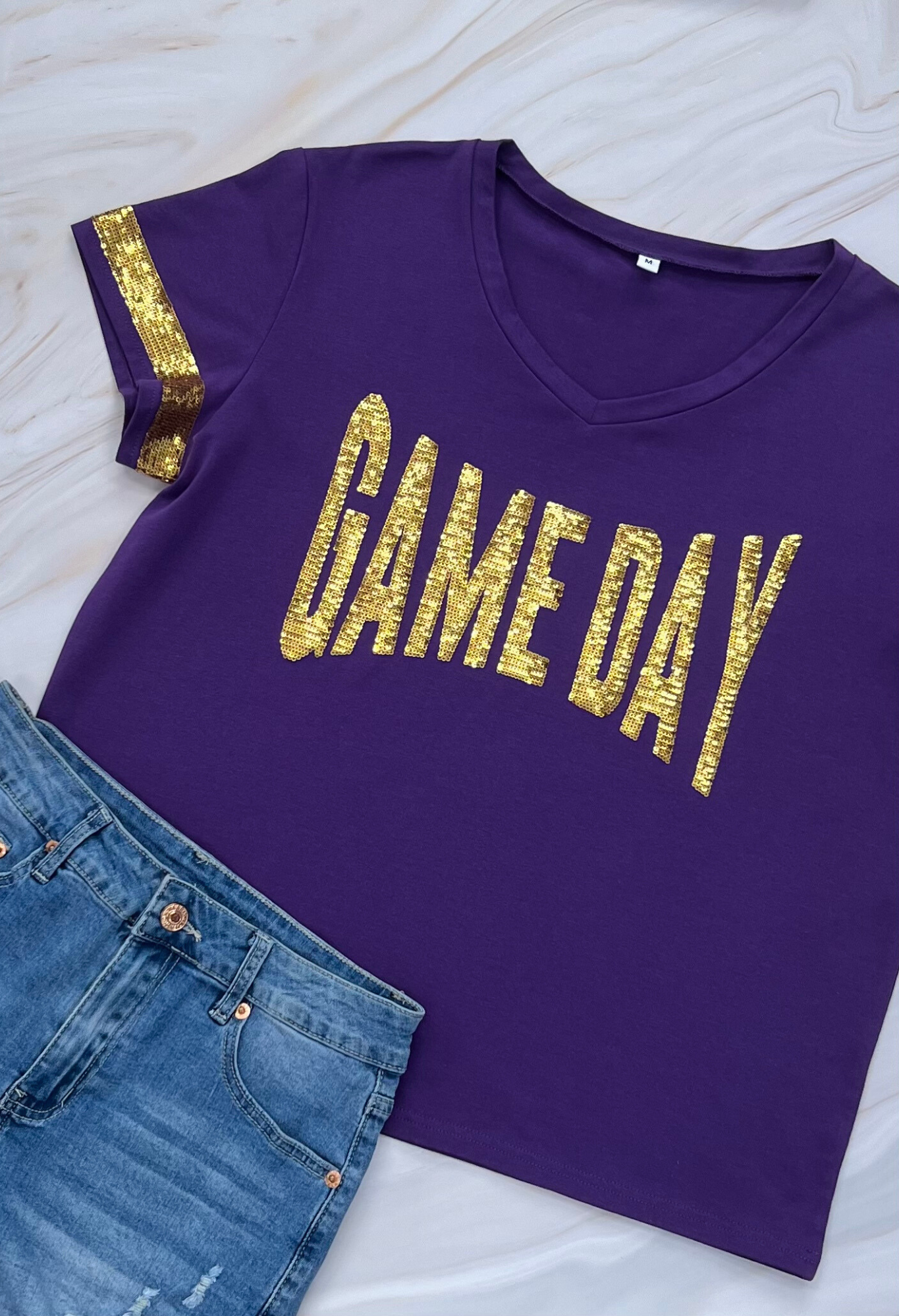 **PRE-ORDER ONLY** GAME DAY | Women's Sequin Design V-Neck Tee (Purple)