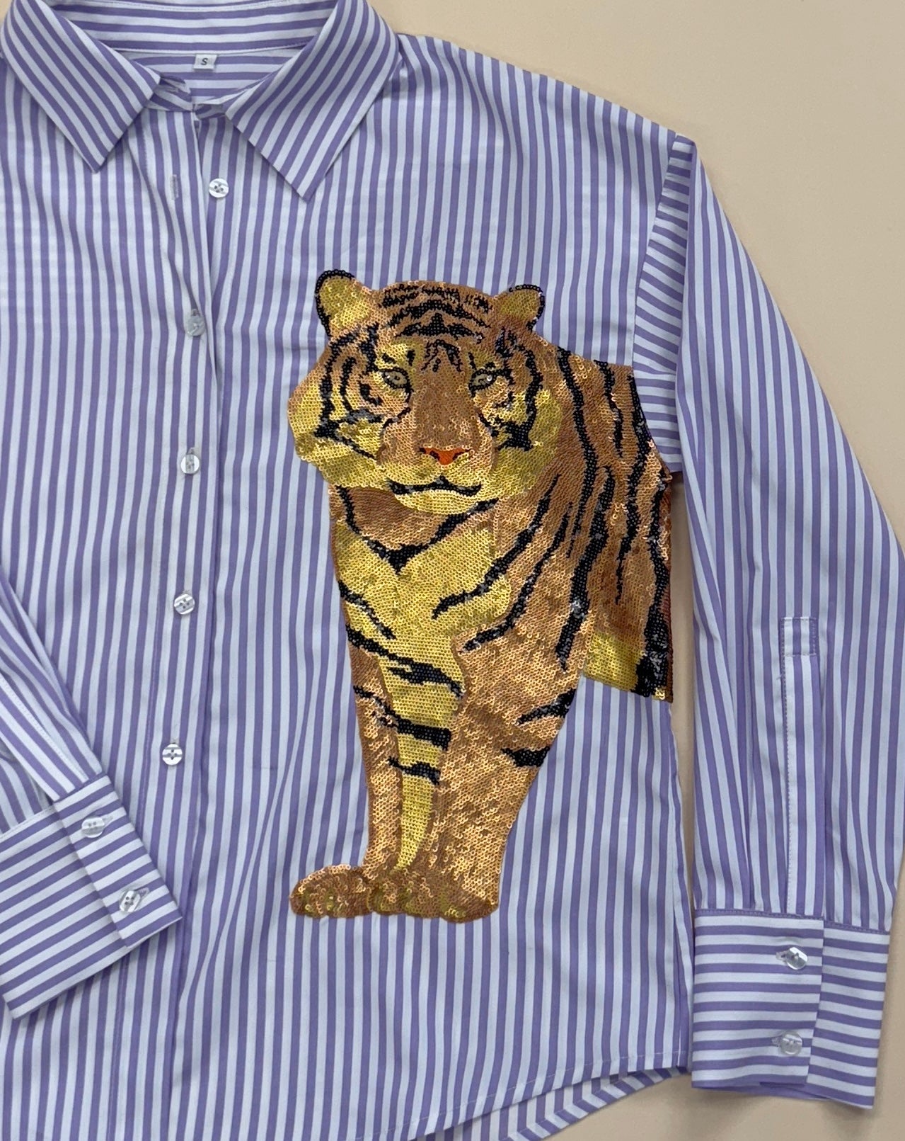 Women's Purple Striped Button Down Sequin Tiger Shirt