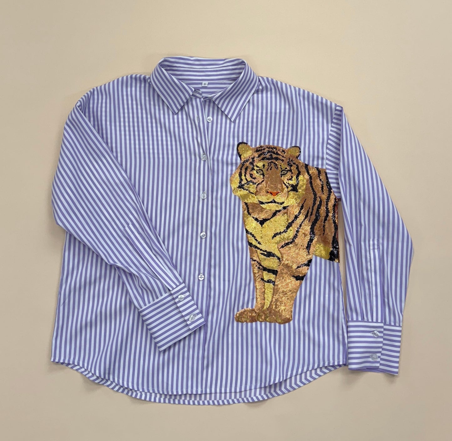 Women's Purple Striped Button Down Sequin Tiger Shirt