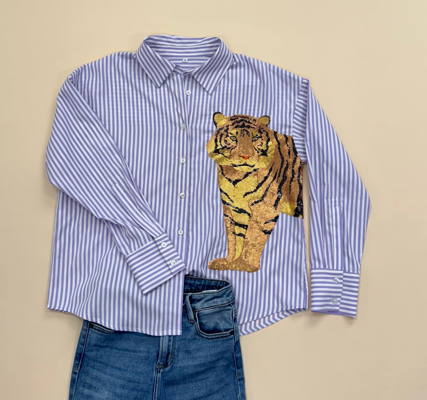 Women's Purple Striped Button Down Sequin Tiger Shirt