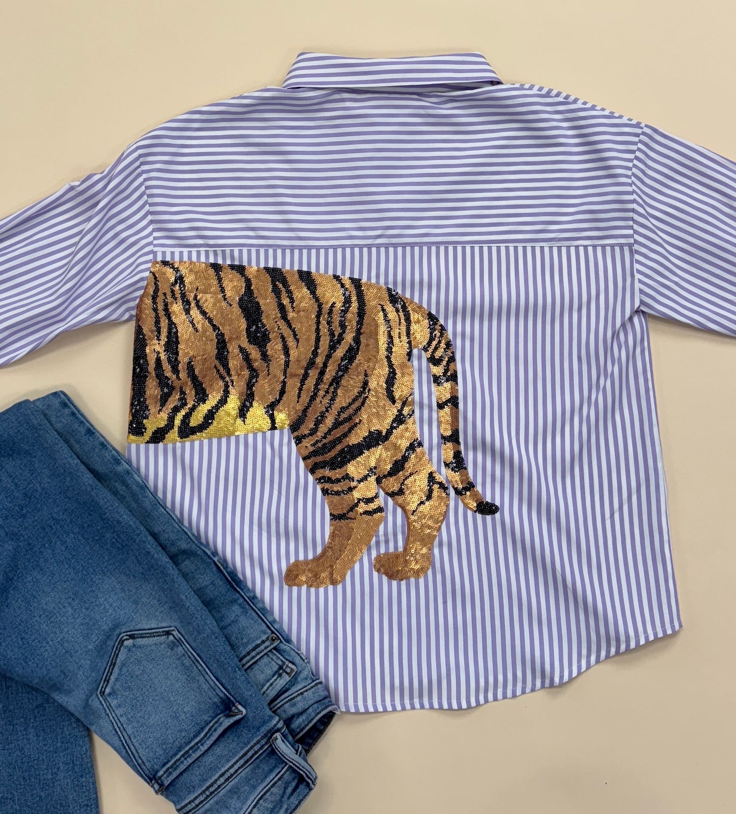 Women's Purple Striped Button Down Sequin Tiger Shirt
