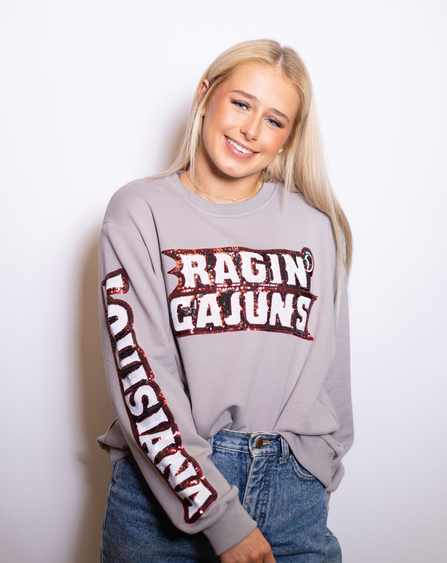 University of Louisiana Lafayette Rajun Cajuns (LICENSED) | Women's Sequin Design Sweatshirt ( Gray)