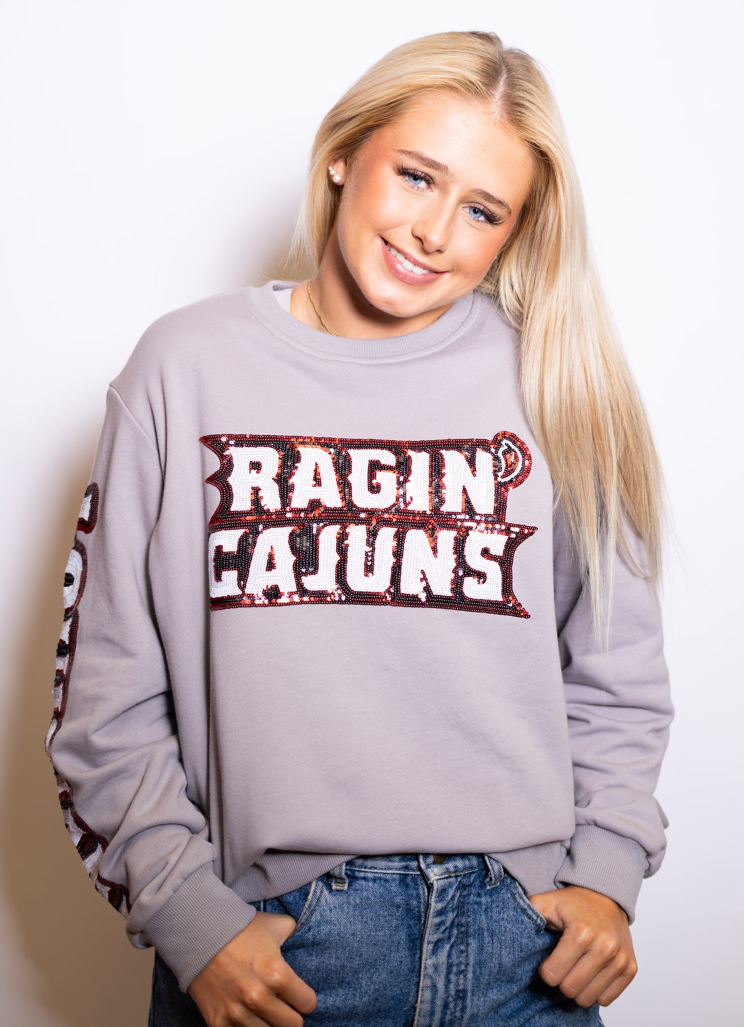 University of Louisiana Lafayette Rajun Cajuns (LICENSED) | Women's Sequin Design Sweatshirt ( Gray)