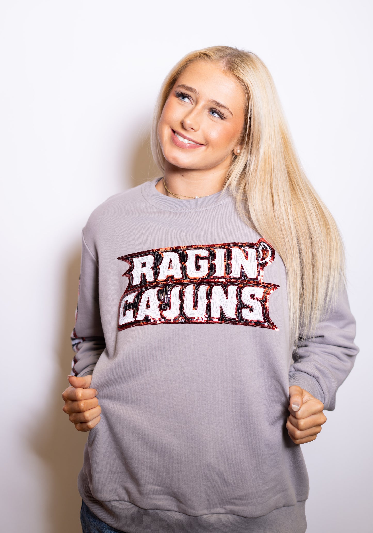 University of Louisiana Lafayette Rajun Cajuns (LICENSED) | Women's Sequin Design Sweatshirt ( Gray)