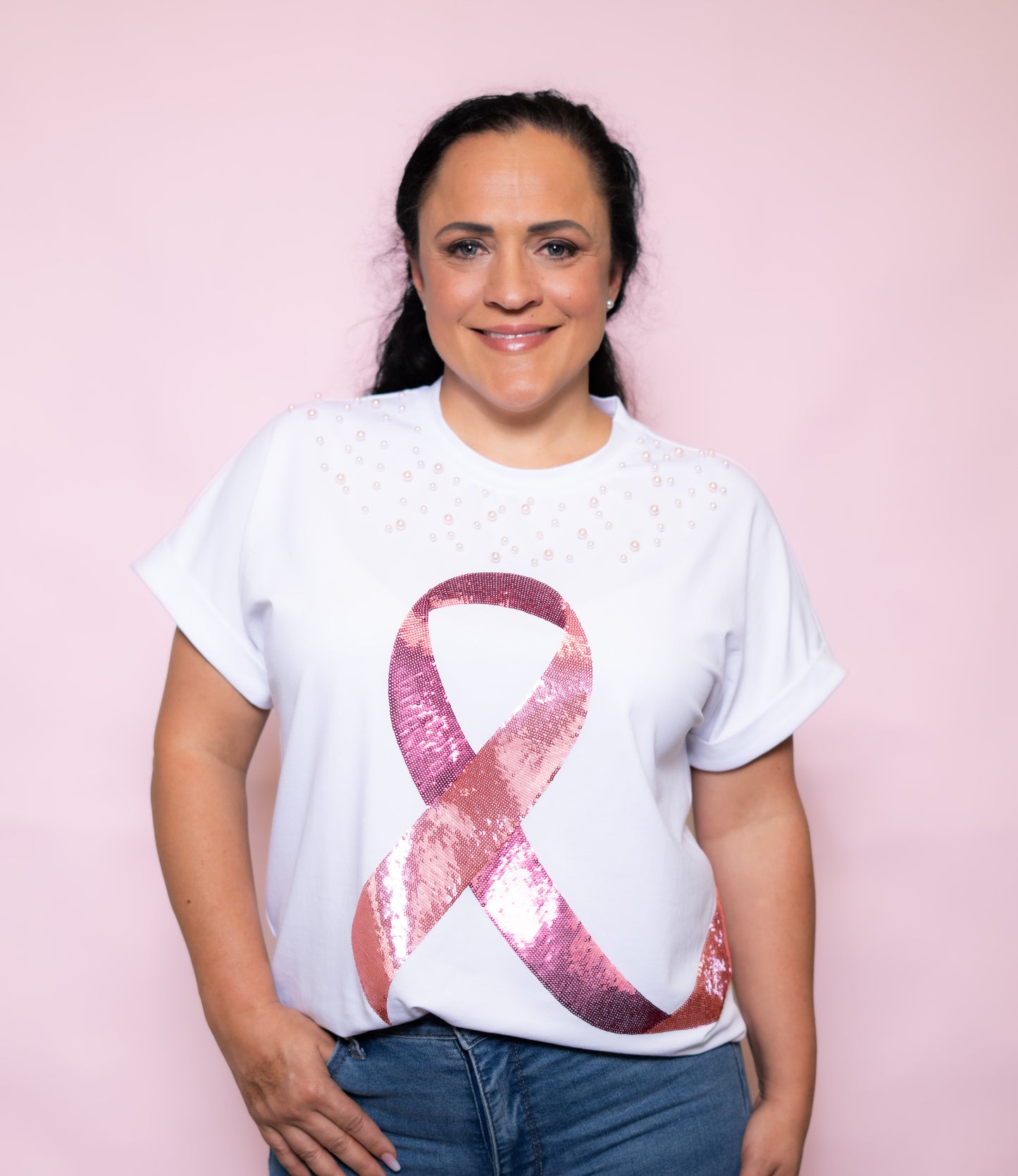 **PRE-ORDER ONLY** Wholesale | Ribbon & Pearls Breast Cancer Awareness | Women's Sequin Design Cuff Sleeve (White)