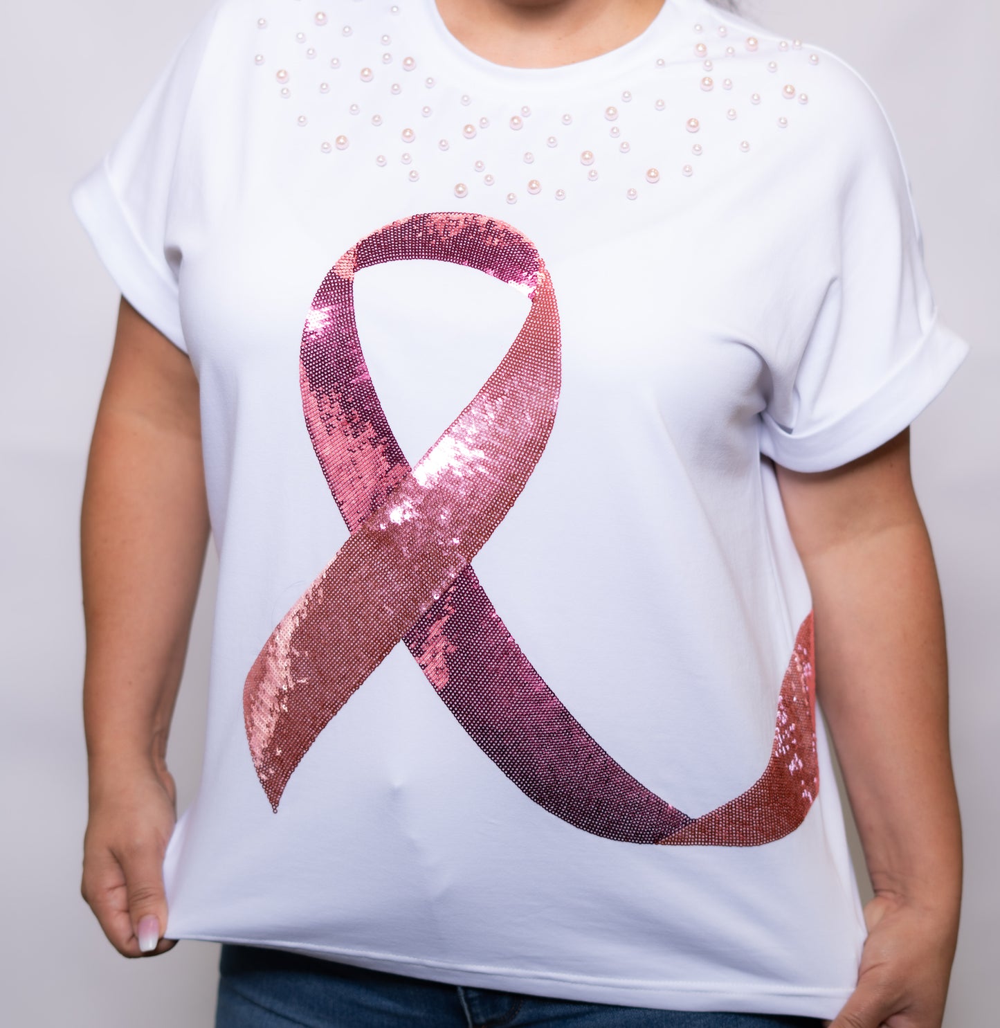**PRE-ORDER ONLY** Wholesale | Ribbon & Pearls Breast Cancer Awareness | Women's Sequin Design Cuff Sleeve (White)