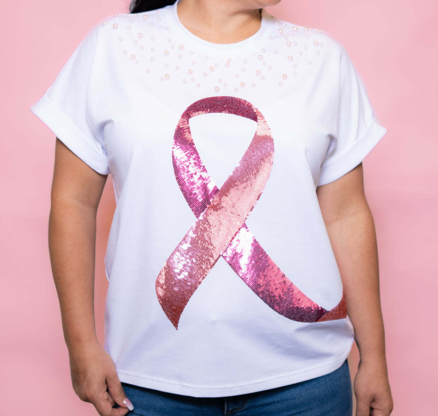 **PRE-ORDER ONLY** Wholesale | Ribbon & Pearls Breast Cancer Awareness | Women's Sequin Design Cuff Sleeve (White)