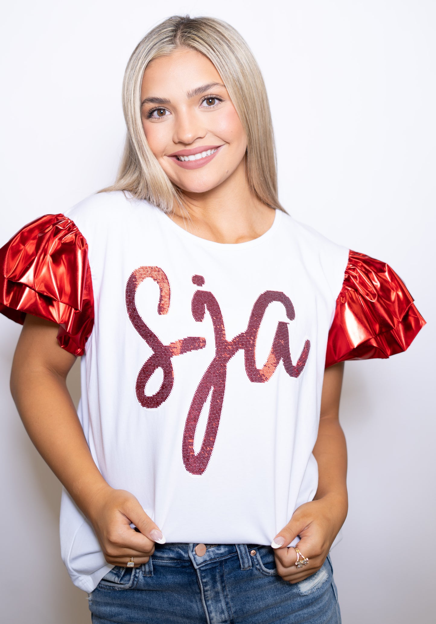 SJA Stickers | Women's Metallic Ruffle Sleeve Tee (White)