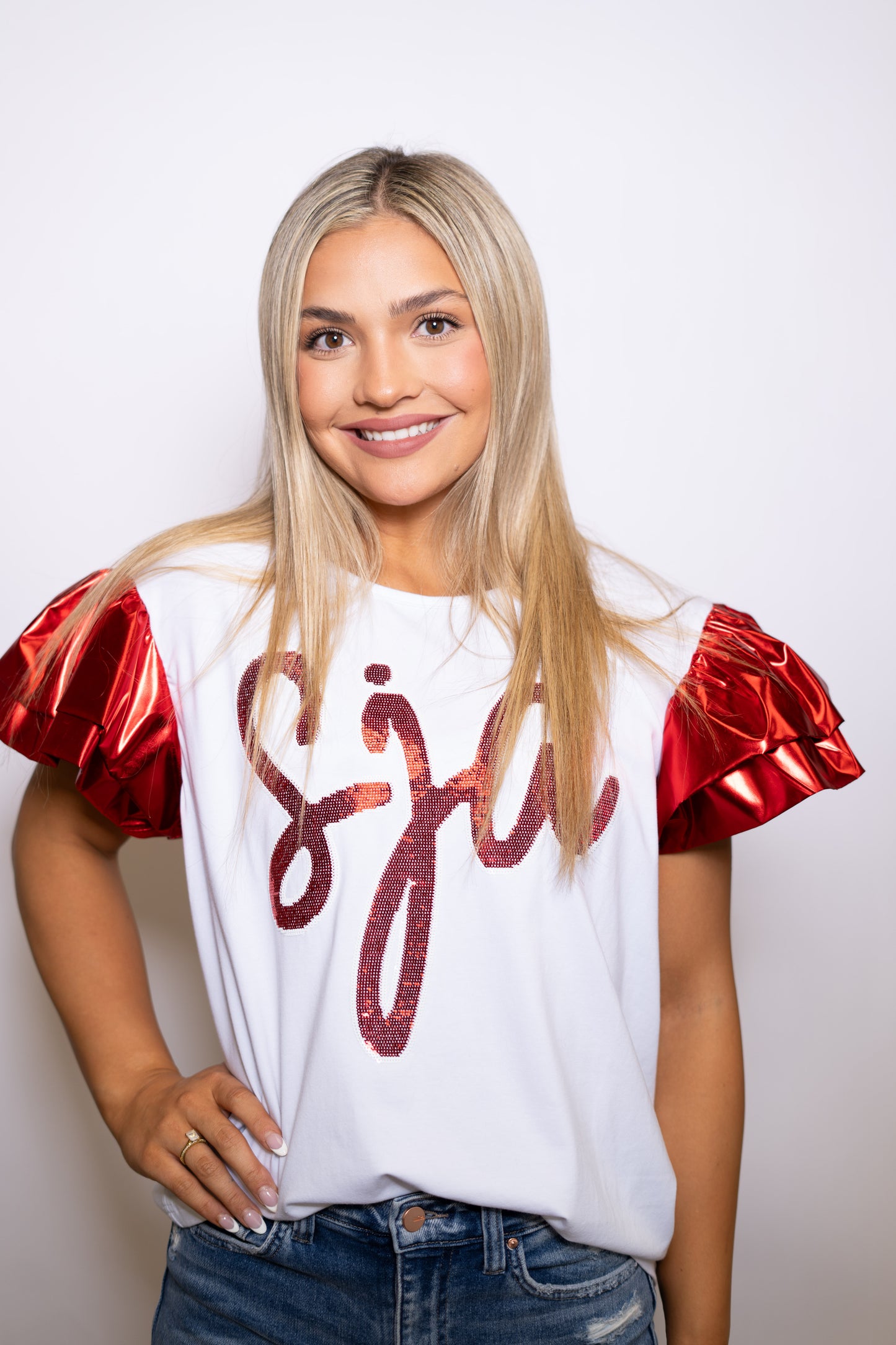 SJA Stickers | Women's Metallic Ruffle Sleeve Tee (White)