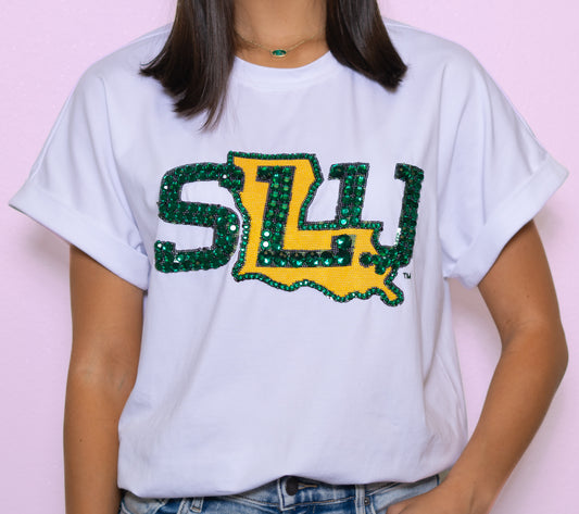 **PRE-ORDER ONLY** Jeweled SLU Southeastern (LICENSED)| Women's Sequin + Jewel Design Cuff Sleeve Tee (White)