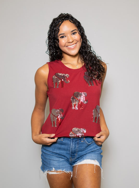 **PRE-ORDER ONLY** Scattered Elephant Tusks | Women's Sequin Design Tank (Crimson)