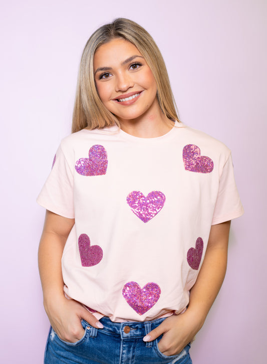 Scattered Pink Hearts | Women's Sequin Design Tee (Pink)