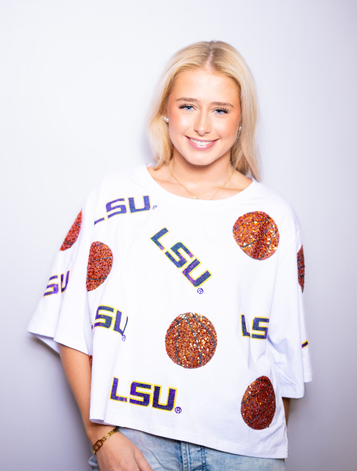 LSU Scattered Basketball (Licensed by LSU) | Women's Oversized Sequin Design Tee (White)