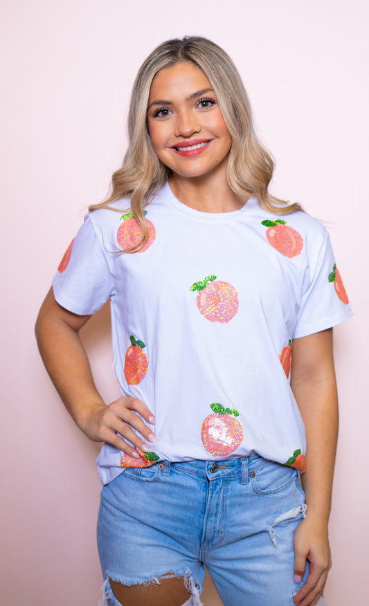 **PRE-ORDER ONLY** Scattered Peach | Women's Sequin Design Tee (White)