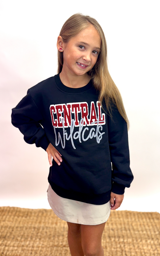 **PRE-ORDER ONLY**  Central Wildcats | Youth Chenille Embroidery Sweatshirt (Black)