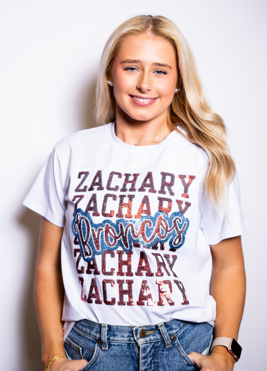 Zachary Broncos Block Script | Women's Sequin Design Tee (White)