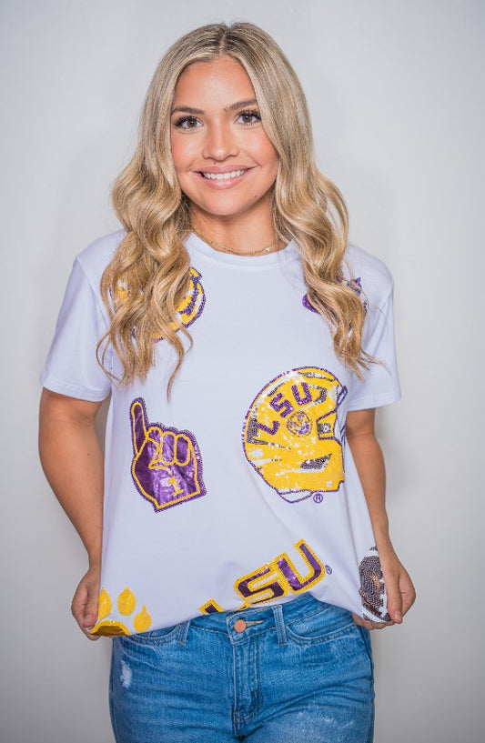 Wholesale|  LSU Scattered Logo (Licensed) | Women's Sequin Design (White)