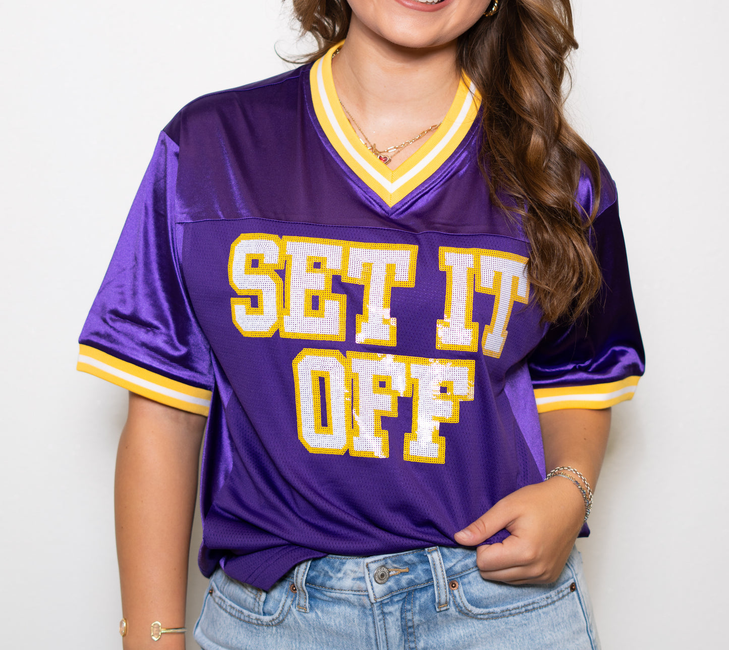 Wholesale | Set It Off | Women's Sequin Design Football Jersey (Purple)