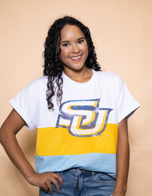 Wholesale | Southern University (LICENSED)  | Women's Sequin Design Color Block Cuff (White/Yellow/Blue)