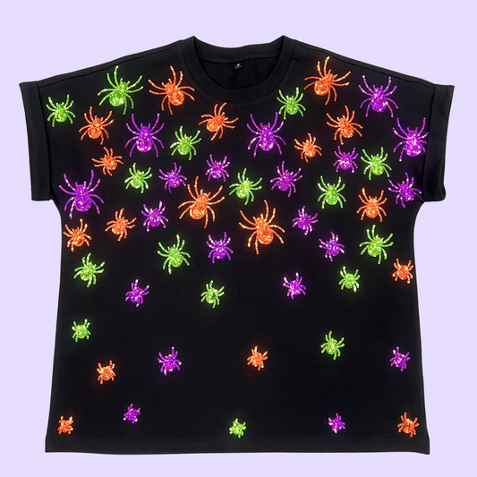 **PRE-ORDER ONLY** Scattered Halloween Spiders | Women's Sequin Design Cuff Sleeve (Black)