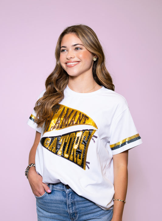 St. Amant Gators Pennant | Women's Sequin Design Tee (White)