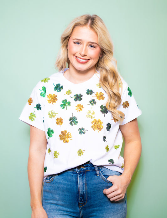 **PRE-ORDER ONLY** St. Patrick's Day | Women's Sequin Design Tee (White)