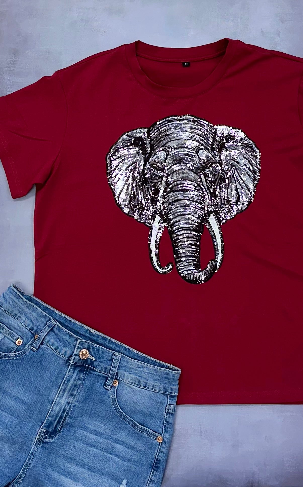 **PRE-ORDER ONLY** T-Town Elephant Tusks | Women's Sequin Design Tee (Crimson)