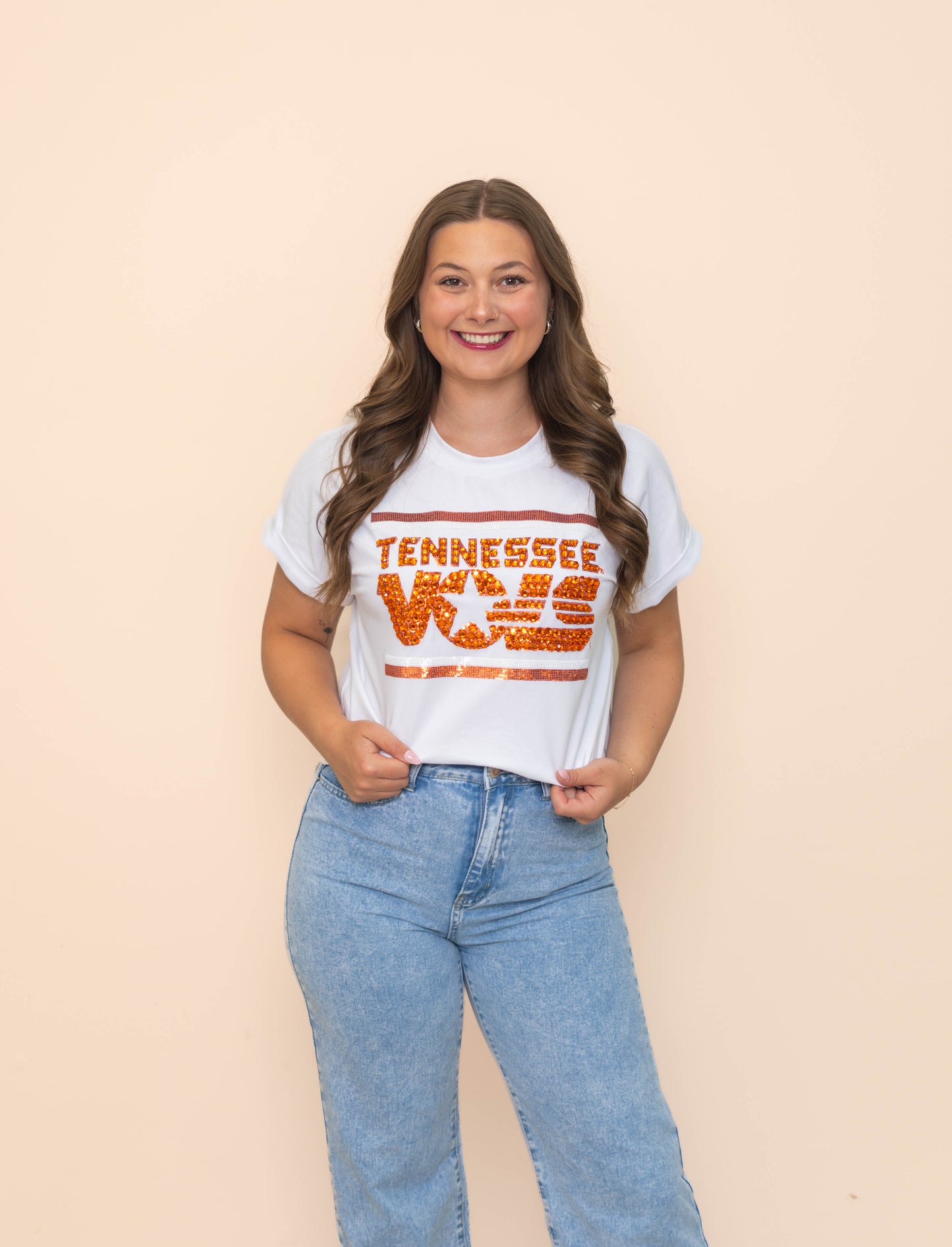 Tennessee Vols (LICENSED) | Women's Sequin + Jewel Design Cuff Sleeve Tee (White)
