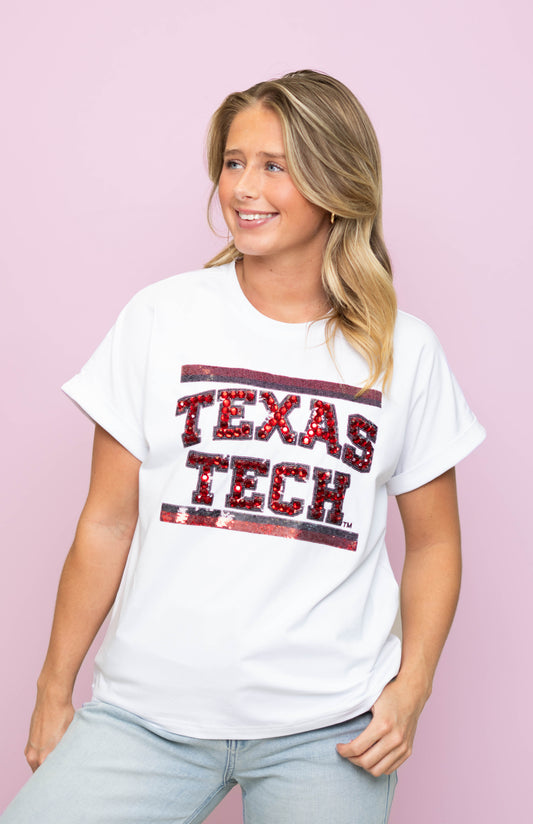 **PRE-ORDER ONLY** Wholesale | Texas Tech (Licensed) | Women's Sequin + Jewel Design Cuff Sleeve Tee (White)