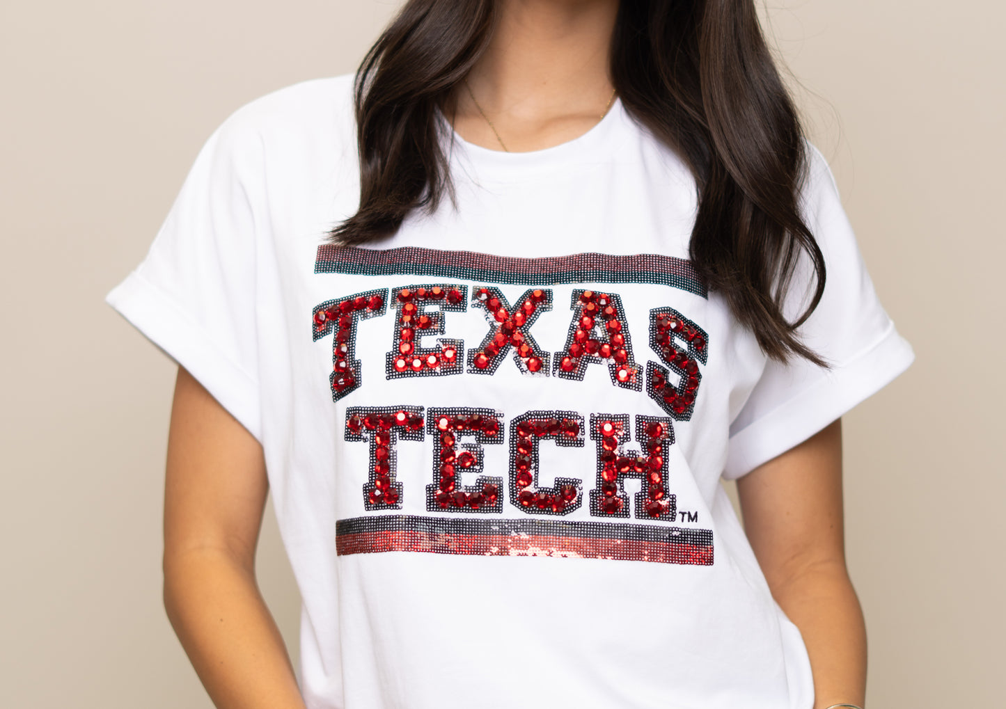 **PRE-ORDER ONLY** Wholesale | Texas Tech (Licensed) | Women's Sequin + Jewel Design Cuff Sleeve Tee (White)