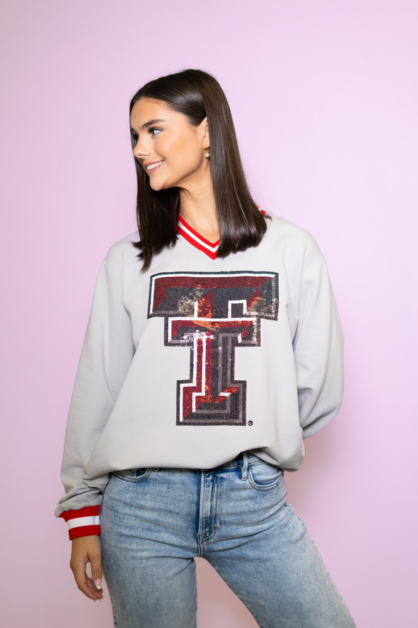 **PRE-ORDER ONLY** Wholesale | Texas Tech (Licensed) | Women's Sequin Design Varsity Stripe Pullover (Grey)