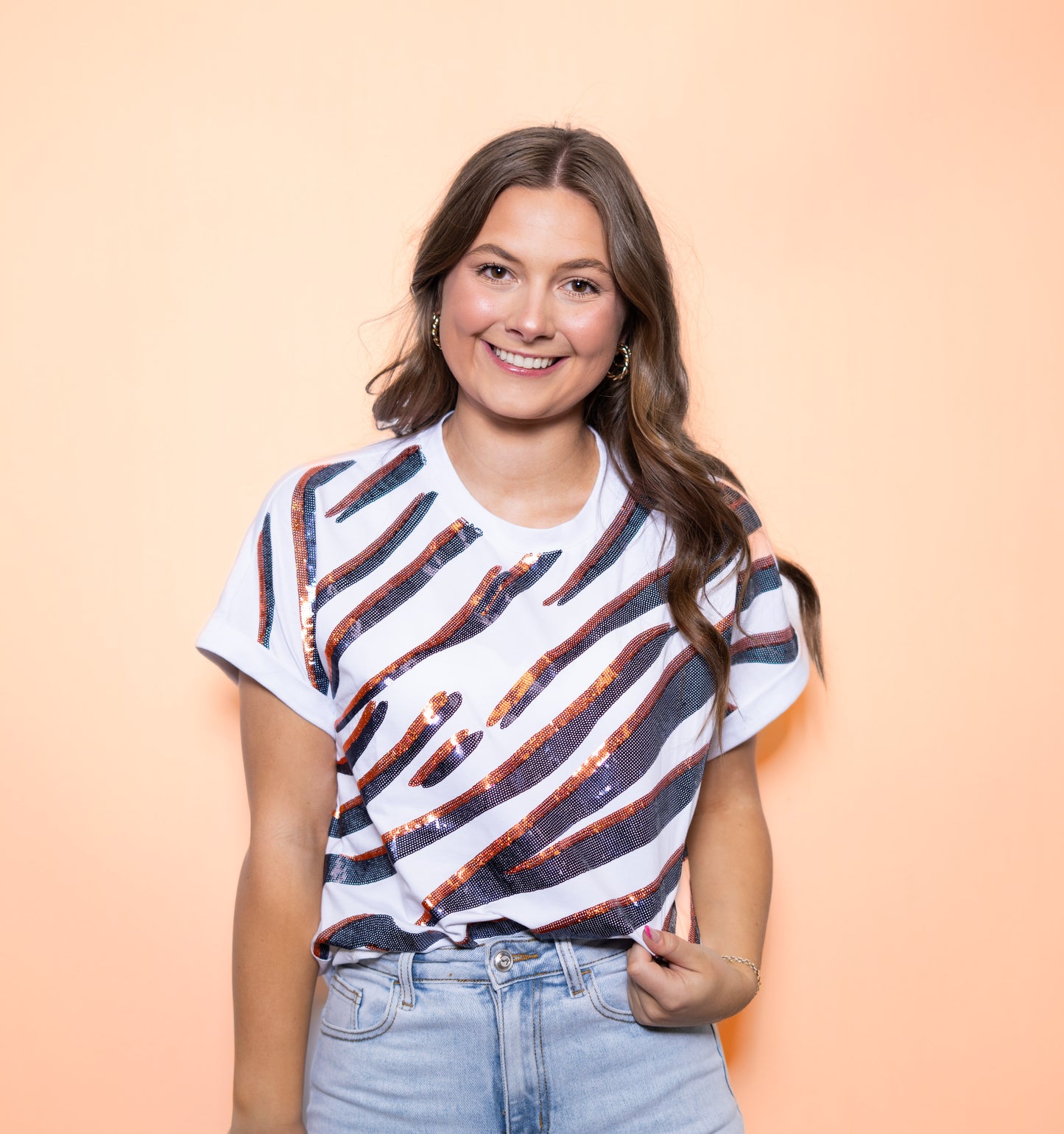 **PRE-ORDER ONLY** Wholesale | Navy & Orange Tiger Stripe  | Women's Sequin Design Cuff Sleeve (White)