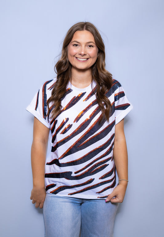 Wholesale | Navy & Orange Tiger Stripe  | Women's Sequin Design Cuff Sleeve (White)