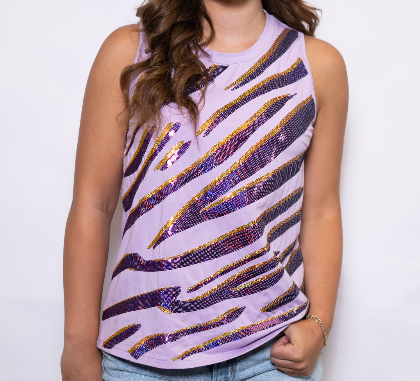 Wholesale | Tiger Stripe Purple & Gold | Women's Sequin Design Tank (Lavender)