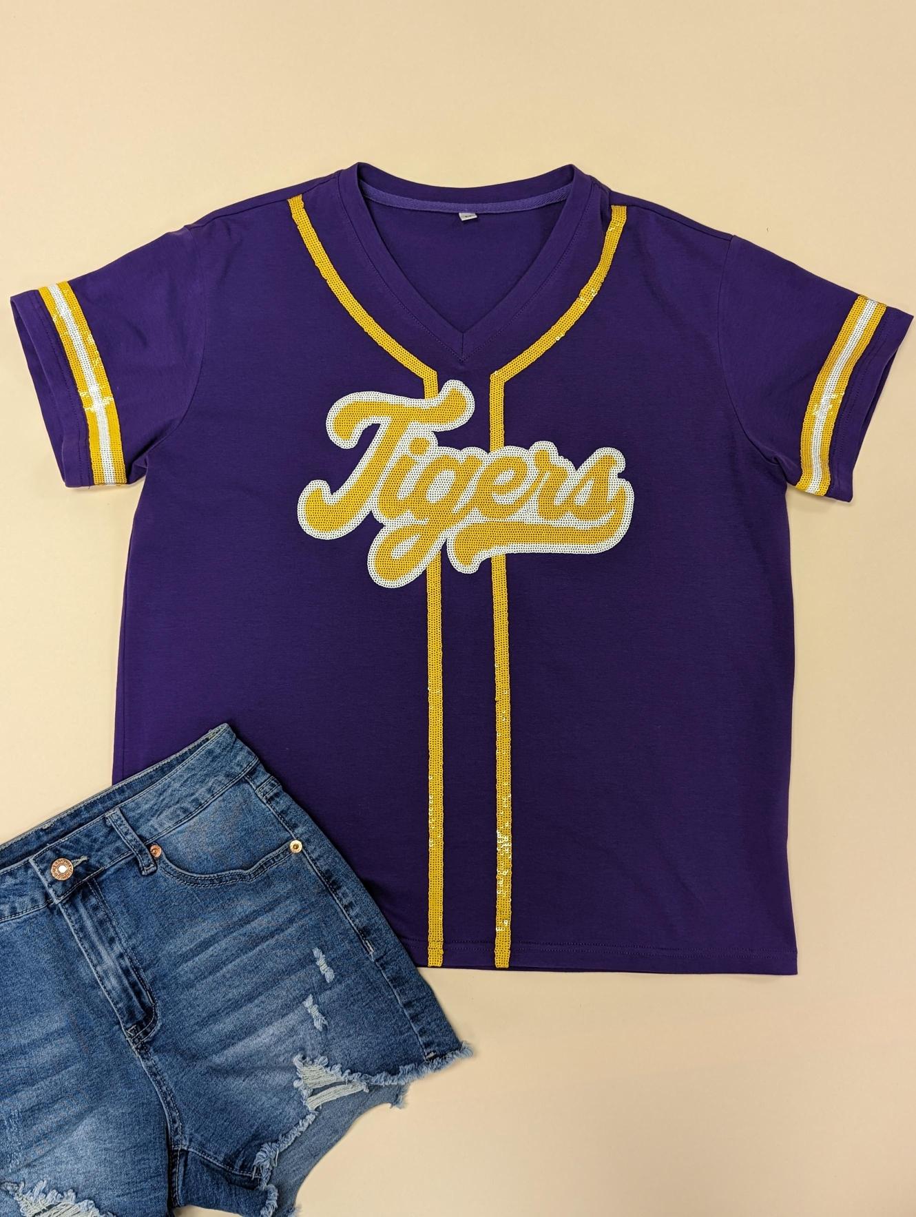 Tigers | Women's Baseball Jersey V-Neck Tee (Purple)