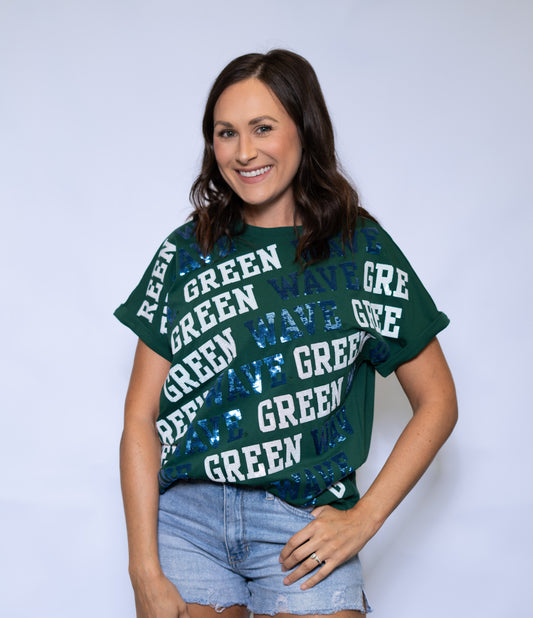 Wholesale | Tulane Green Wave Varsity Block (Licensed) | Women's Sequin Design Cuff Sleeve (Green)