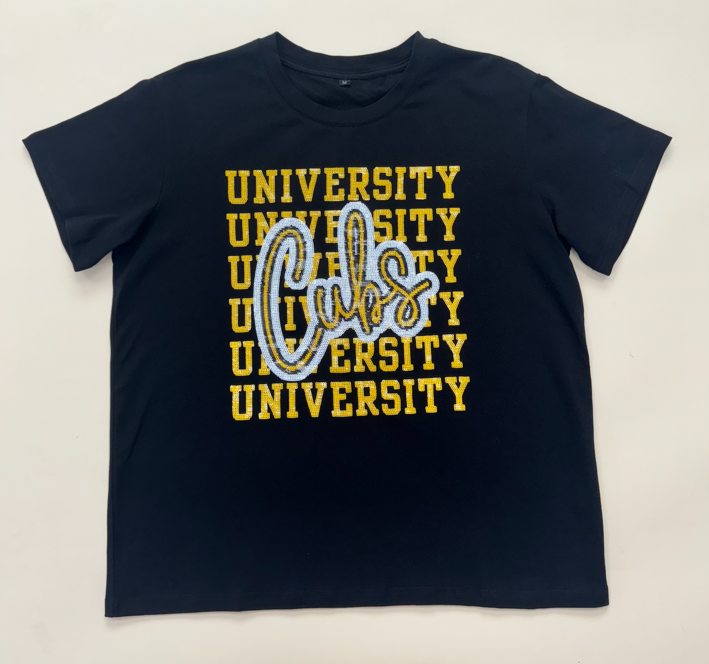 University Lab School | University Cubs Block Script | Women's Sequin Design Tee (Black)