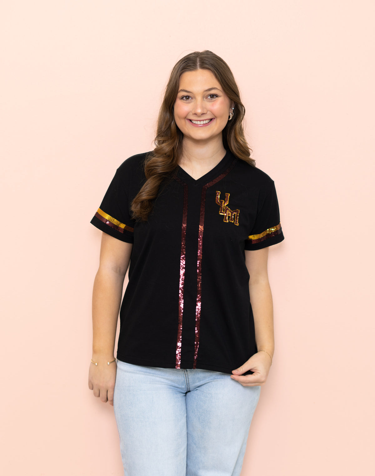 ULM Warhawks (LICENSED) | Women's Sequin Design Baseball Jersey V-Neck Tee (Black)