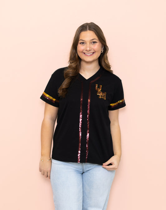 ULM Warhawks (LICENSED) | Women's Sequin Design Baseball Jersey V-Neck Tee (Black)