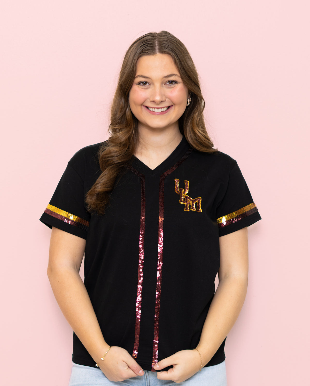 ULM Warhawks (LICENSED) | Women's Sequin Design Baseball Jersey V-Neck Tee (Black)