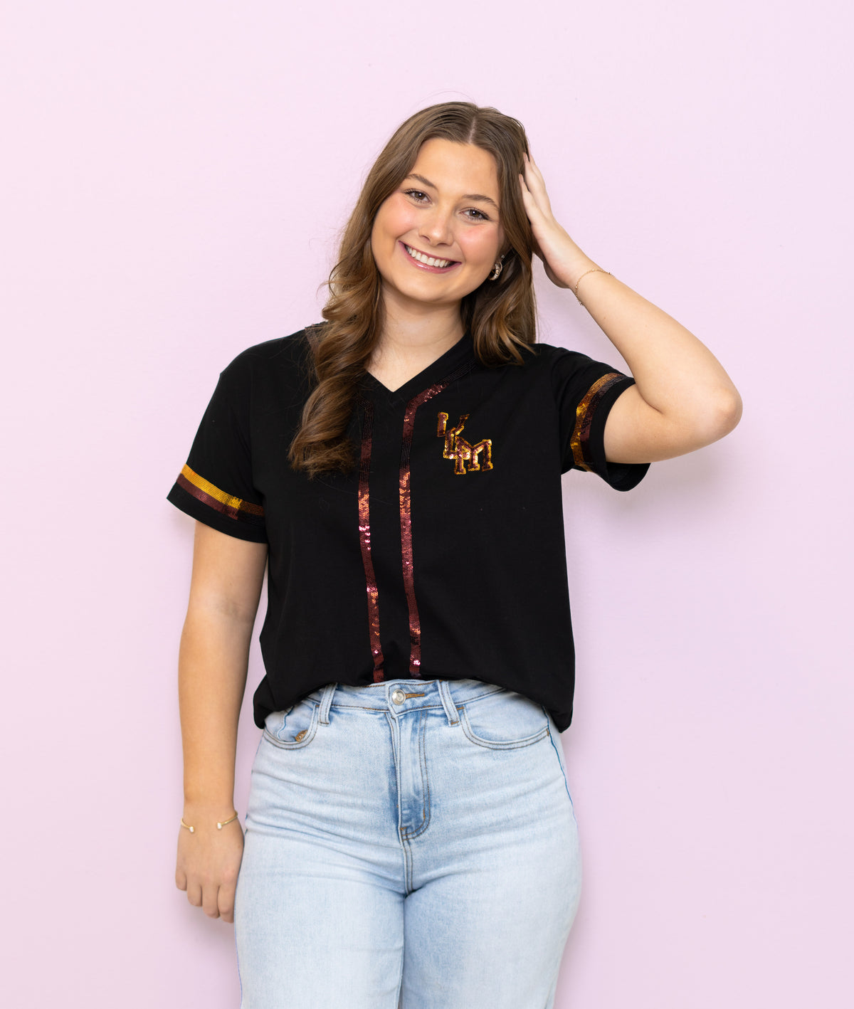 ULM Warhawks (LICENSED) | Women's Sequin Design Baseball Jersey V-Neck Tee (Black)