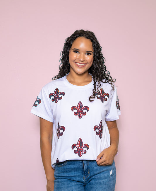 **PRE-ORDER ONLY** Scattered UL Fleur de Lis (Licensed) | Women's Sequin Design Tee (White)