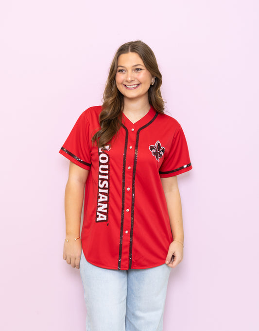 **PRE-ORDER ONLY** UL Ragin' Cajuns (Licensed) | Women's Sequin Embroidery Baseball Jersey (Red)
