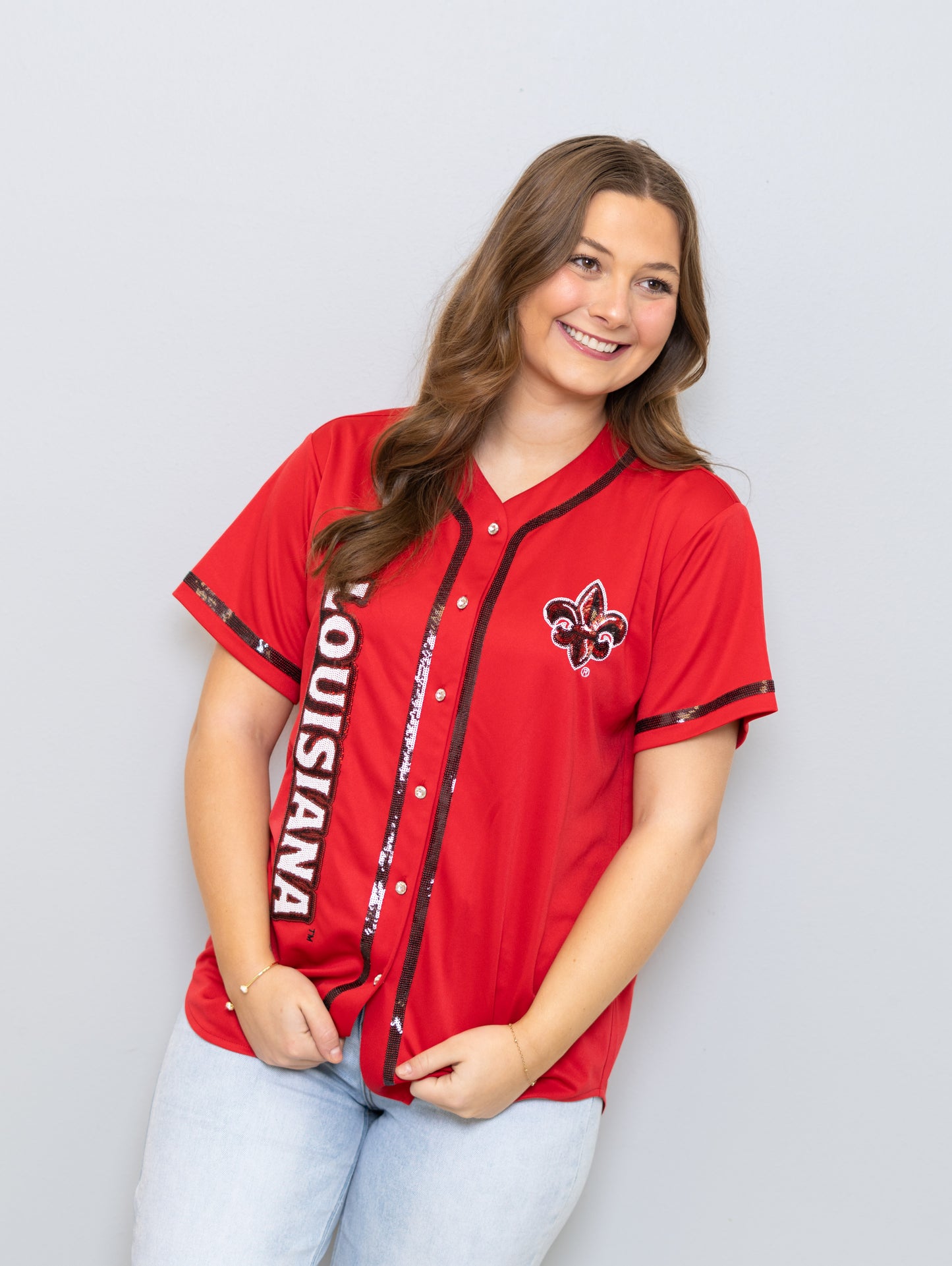 UL Ragin' Cajuns (Licensed) | Women's Sequin Embroidery Baseball Jersey (Red)