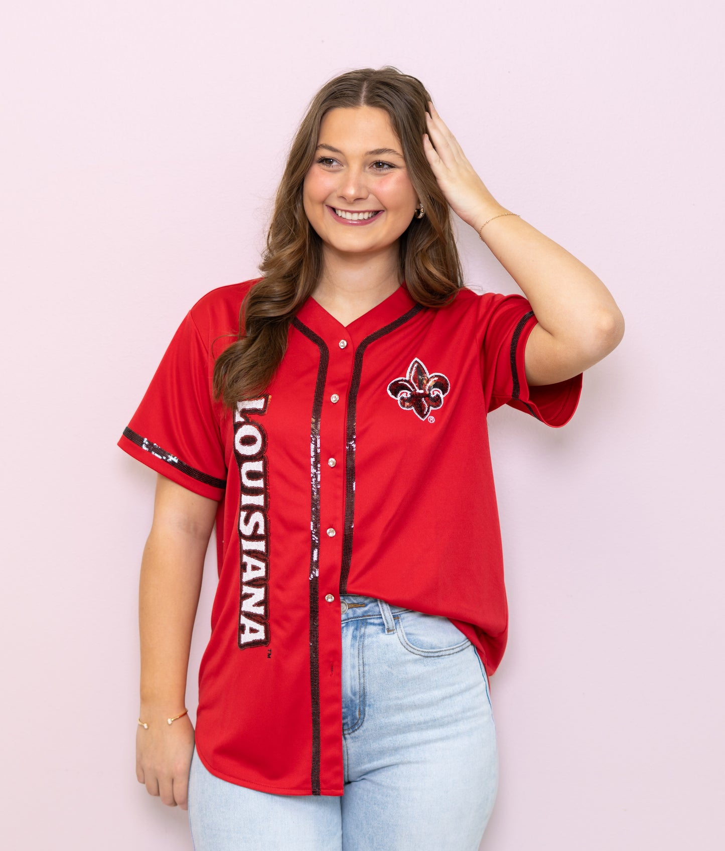 UL Ragin' Cajuns (Licensed) | Women's Sequin Embroidery Baseball Jersey (Red)
