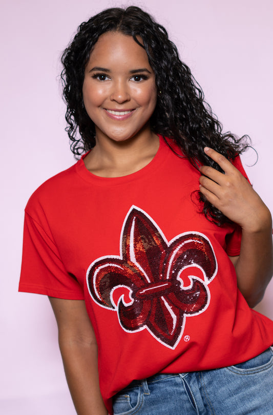 University of Louisiana Lafayette Fleur de Lis (Licensed) | Women's Sequin Design Tee (Red)