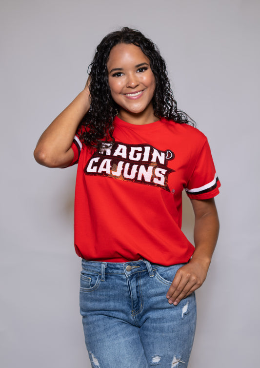 University of Louisiana Lafayette Ragin Cajuns (Licensed) | Women's Sequin Design Tee (Red)