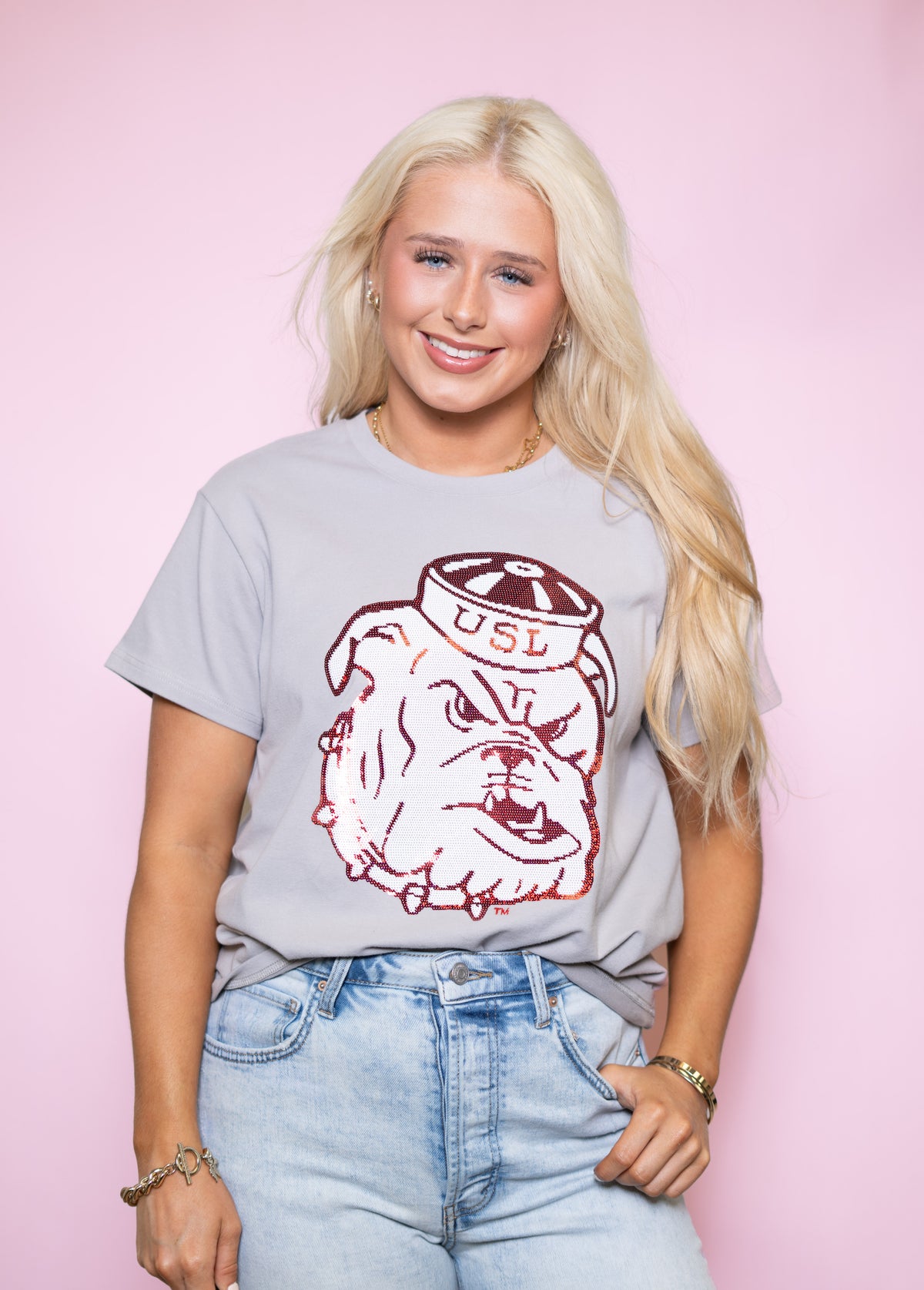 UL Vintage Ragin' Cajuns (Licensed) | Women's Sequin Design Tee (Grey)
